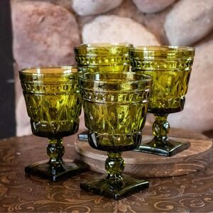 Indiana Glass Colony Park Lane Olive Green Goblets Set of 4, Mid Century Barware